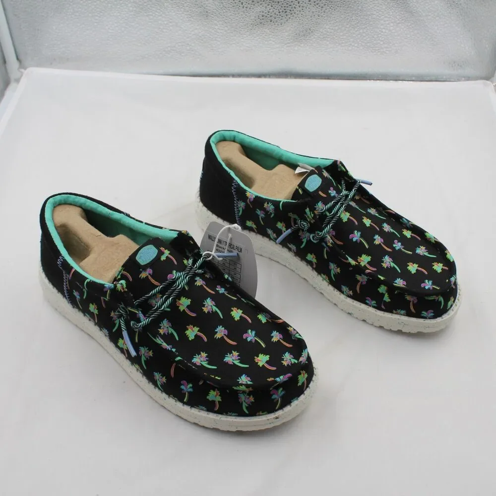 HEYDUDE Wally Funk Tropical Palm Youth Size 6 Junior Slip On Shoes Black Multi